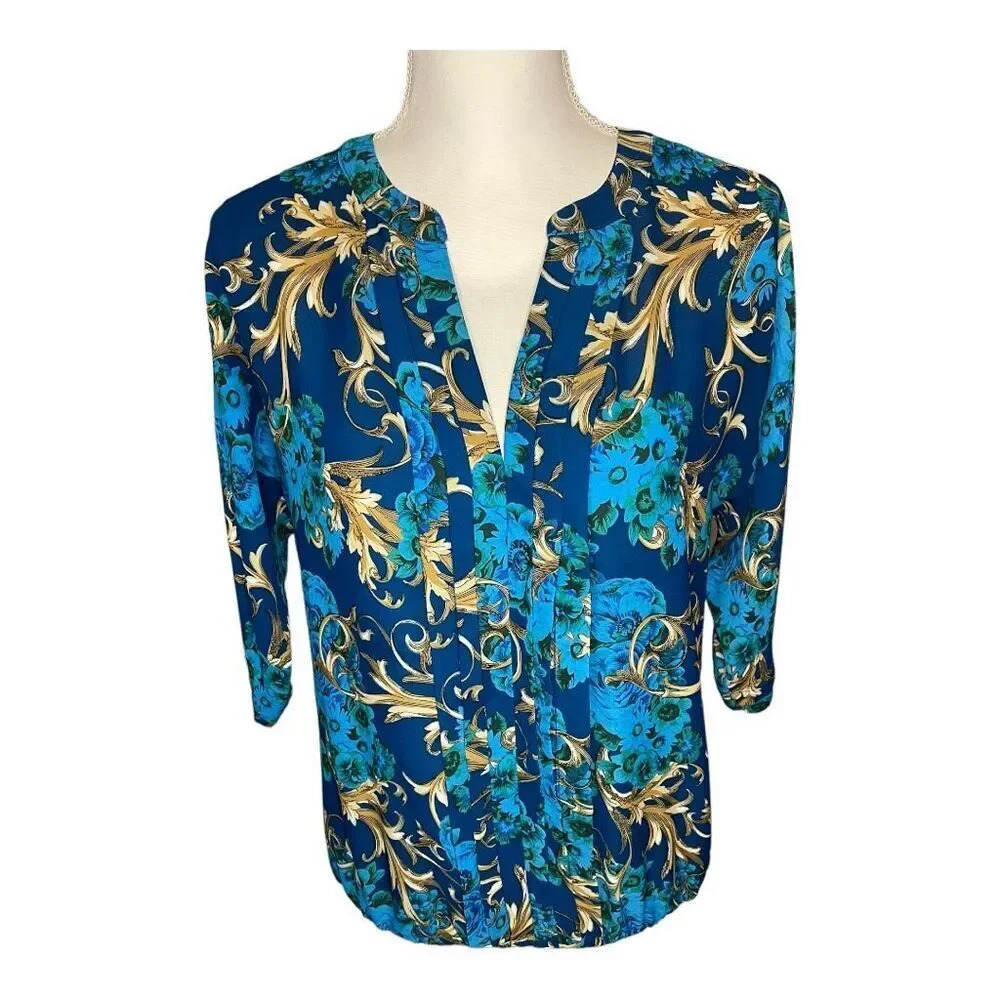 New York & Company 7th Avenue Women’s Small Blue & Gold V-Neck Blouse